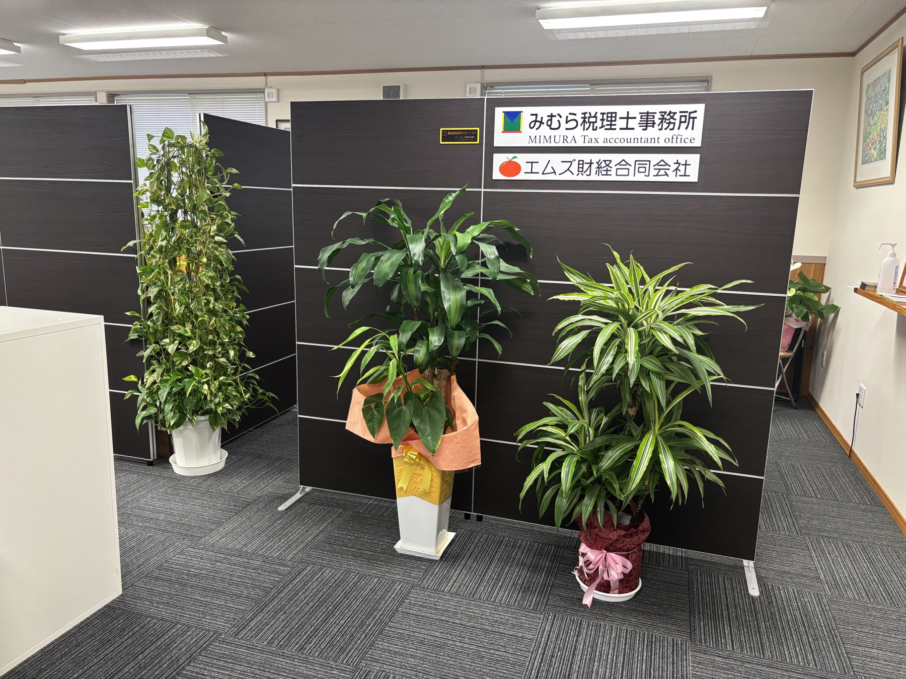 みむら税理士事務所内の案内表示と観葉植物